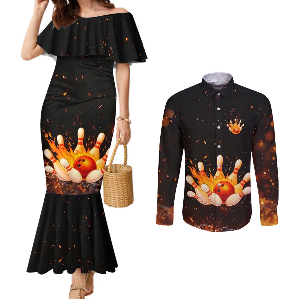 Flaming Bowling Ball Design Couples Matching Mermaid Dress and Long Sleeve Button Shirt with Strike Pins and Glowing Fire Sparks on Dark Background - Wonder Print Shop