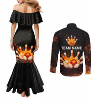 Flaming Bowling Ball Design Couples Matching Mermaid Dress and Long Sleeve Button Shirt with Strike Pins and Glowing Fire Sparks on Dark Background - Wonder Print Shop