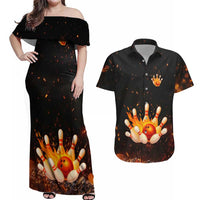 Flaming Bowling Ball Design Couples Matching Off Shoulder Maxi Dress and Hawaiian Shirt with Strike Pins and Glowing Fire Sparks on Dark Background - Wonder Print Shop