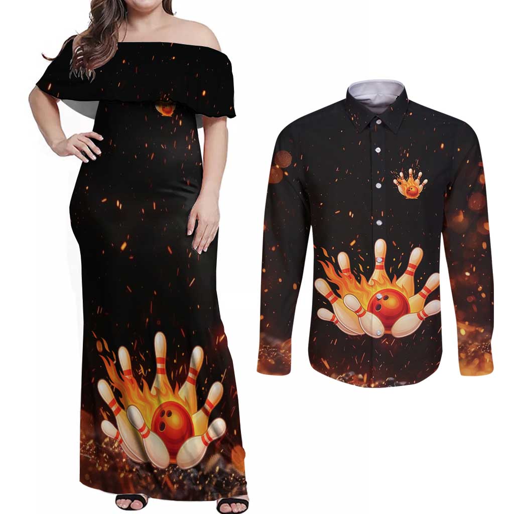Flaming Bowling Ball Design Couples Matching Off Shoulder Maxi Dress and Long Sleeve Button Shirt with Strike Pins and Glowing Fire Sparks on Dark Background - Wonder Print Shop
