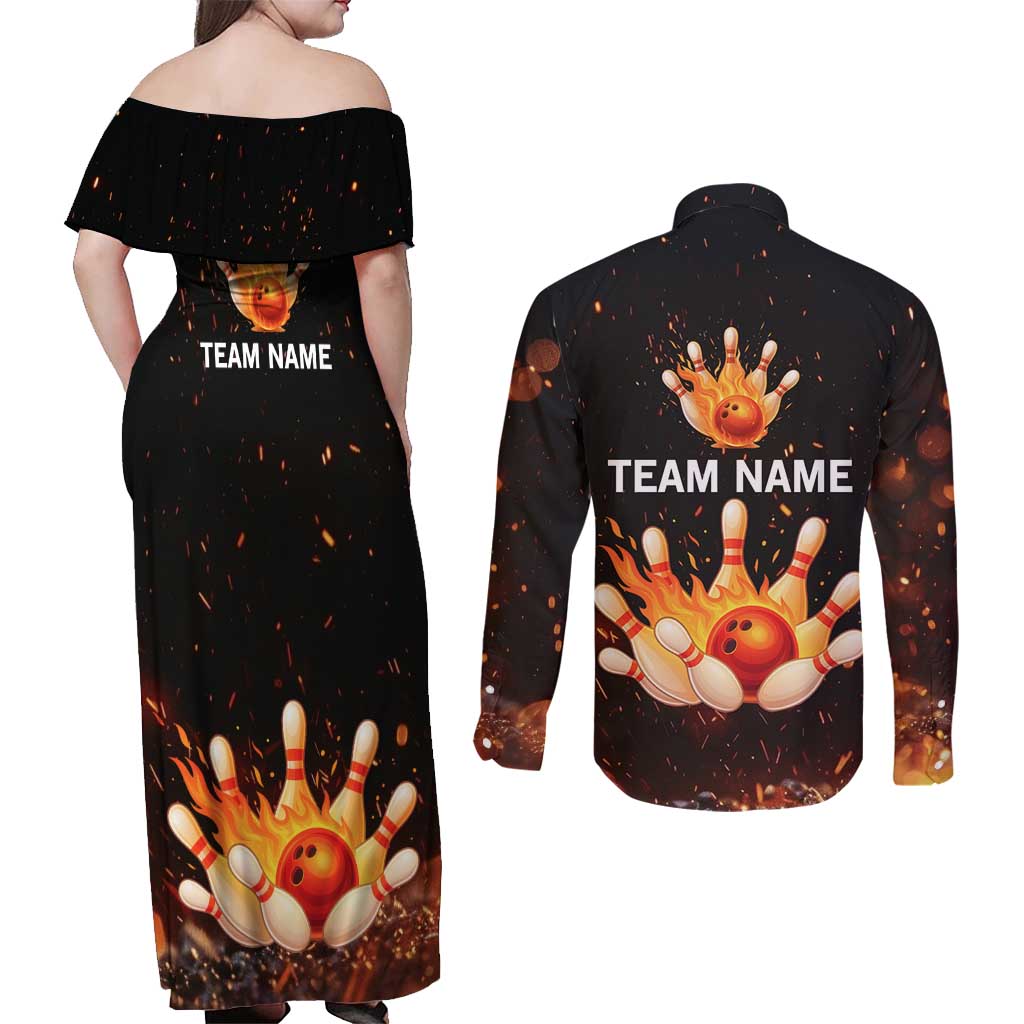 Flaming Bowling Ball Design Couples Matching Off Shoulder Maxi Dress and Long Sleeve Button Shirt with Strike Pins and Glowing Fire Sparks on Dark Background - Wonder Print Shop