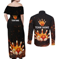 Flaming Bowling Ball Design Couples Matching Off Shoulder Maxi Dress and Long Sleeve Button Shirt with Strike Pins and Glowing Fire Sparks on Dark Background - Wonder Print Shop