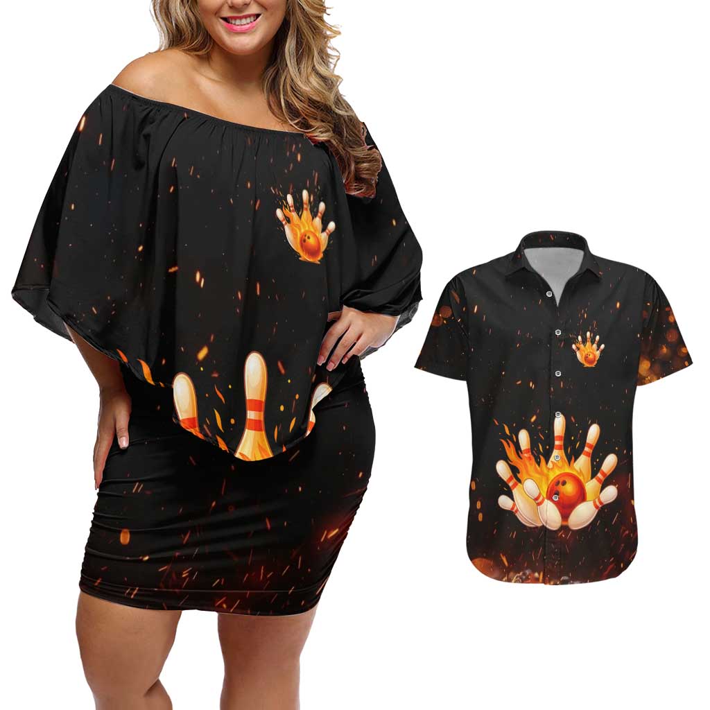 Flaming Bowling Ball Design Couples Matching Off Shoulder Short Dress and Hawaiian Shirt with Strike Pins and Glowing Fire Sparks on Dark Background - Wonder Print Shop