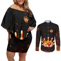 Flaming Bowling Ball Design Couples Matching Off Shoulder Short Dress and Long Sleeve Button Shirt with Strike Pins and Glowing Fire Sparks on Dark Background - Wonder Print Shop