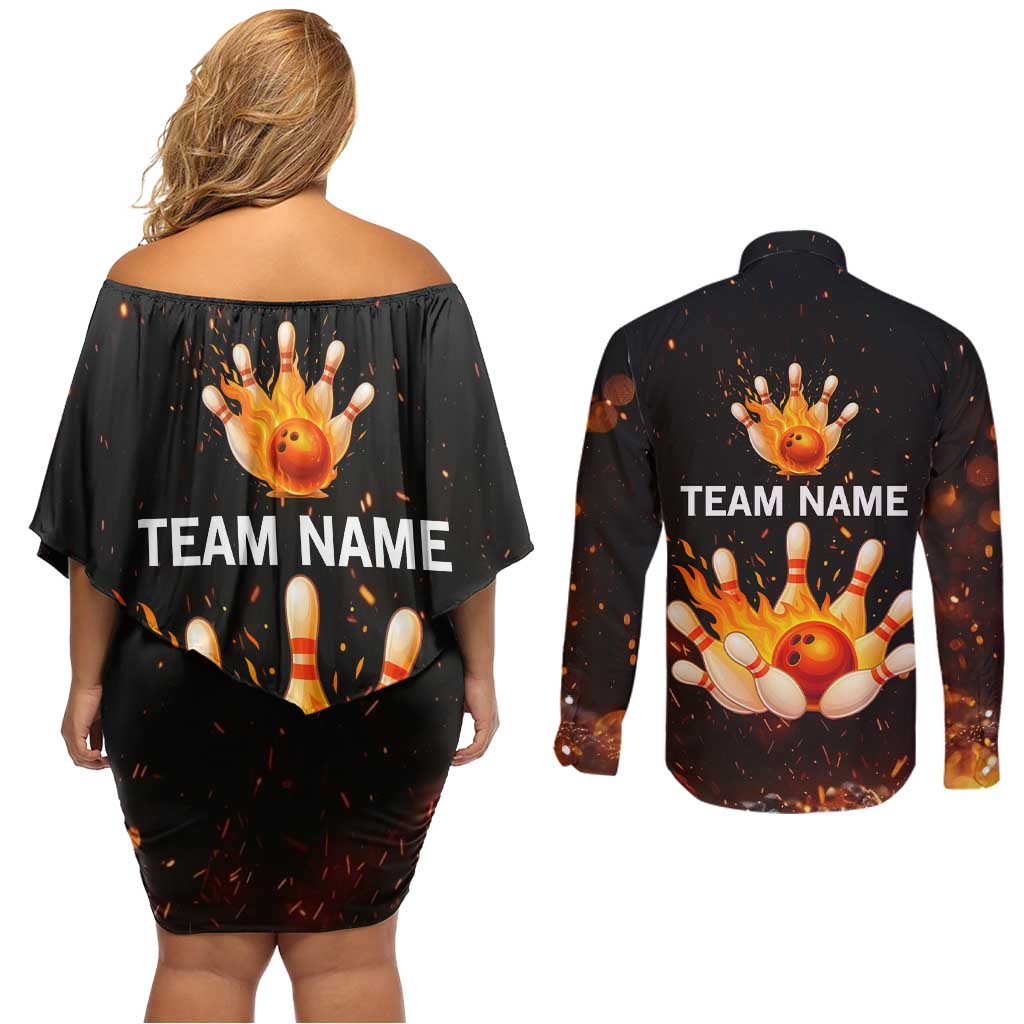 Flaming Bowling Ball Design Couples Matching Off Shoulder Short Dress and Long Sleeve Button Shirt with Strike Pins and Glowing Fire Sparks on Dark Background - Wonder Print Shop