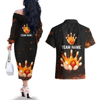 Flaming Bowling Ball Design Couples Matching Off The Shoulder Long Sleeve Dress and Hawaiian Shirt with Strike Pins and Glowing Fire Sparks on Dark Background - Wonder Print Shop