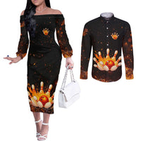 Flaming Bowling Ball Design Couples Matching Off The Shoulder Long Sleeve Dress and Long Sleeve Button Shirt with Strike Pins and Glowing Fire Sparks on Dark Background - Wonder Print Shop