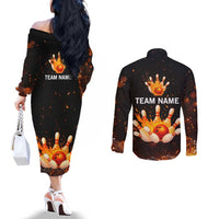 Flaming Bowling Ball Design Couples Matching Off The Shoulder Long Sleeve Dress and Long Sleeve Button Shirt with Strike Pins and Glowing Fire Sparks on Dark Background - Wonder Print Shop