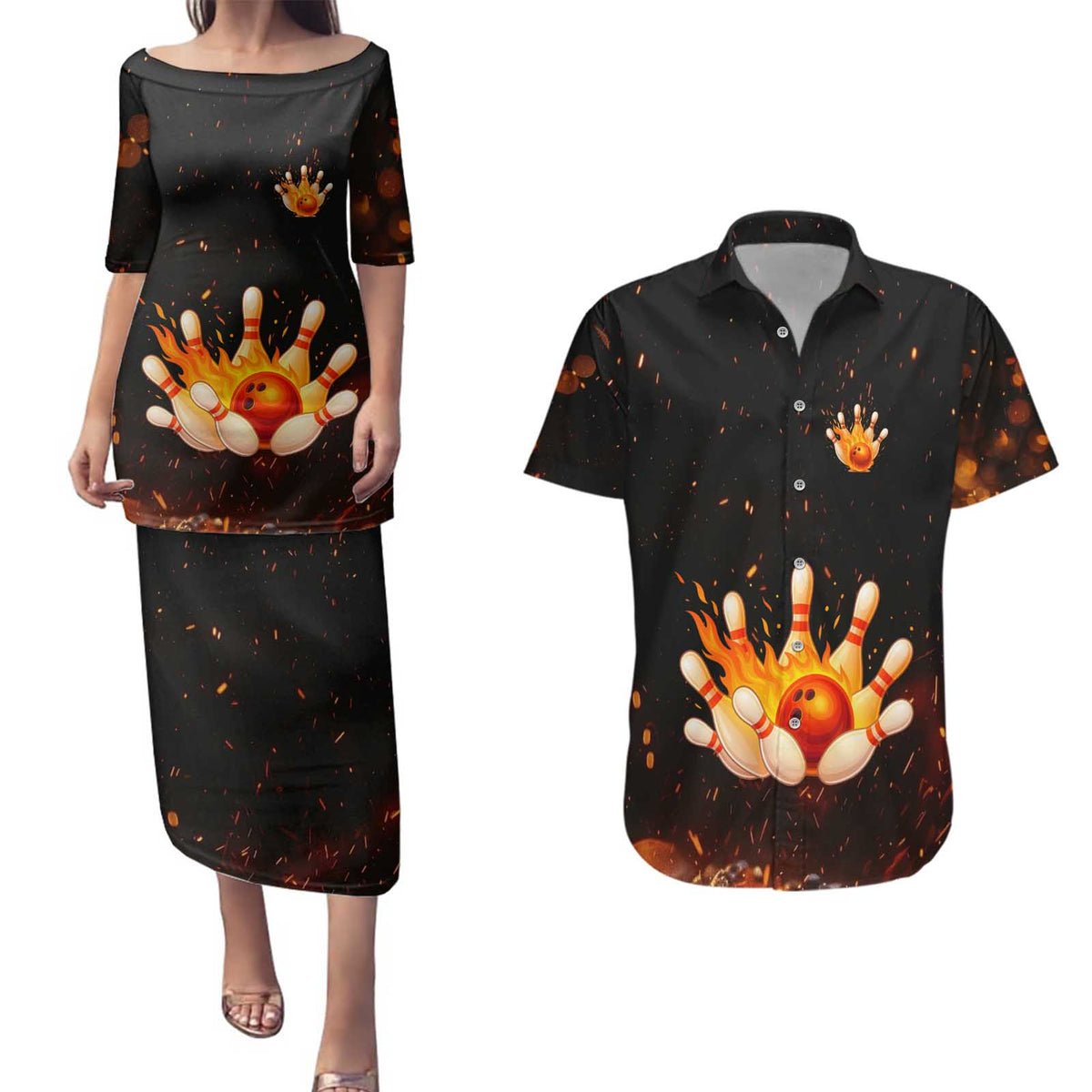 Flaming Bowling Ball Design Couples Matching Puletasi and Hawaiian Shirt with Strike Pins and Glowing Fire Sparks on Dark Background - Wonder Print Shop