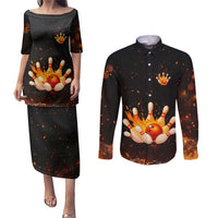 Flaming Bowling Ball Design Couples Matching Puletasi and Long Sleeve Button Shirt with Strike Pins and Glowing Fire Sparks on Dark Background - Wonder Print Shop