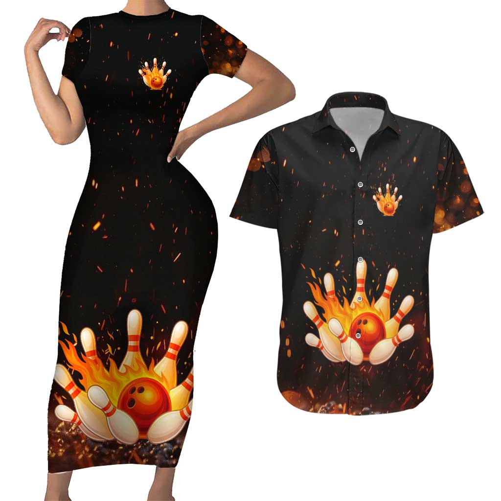 Flaming Bowling Ball Design Couples Matching Short Sleeve Bodycon Dress and Hawaiian Shirt with Strike Pins and Glowing Fire Sparks on Dark Background - Wonder Print Shop