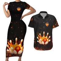 Flaming Bowling Ball Design Couples Matching Short Sleeve Bodycon Dress and Hawaiian Shirt with Strike Pins and Glowing Fire Sparks on Dark Background - Wonder Print Shop