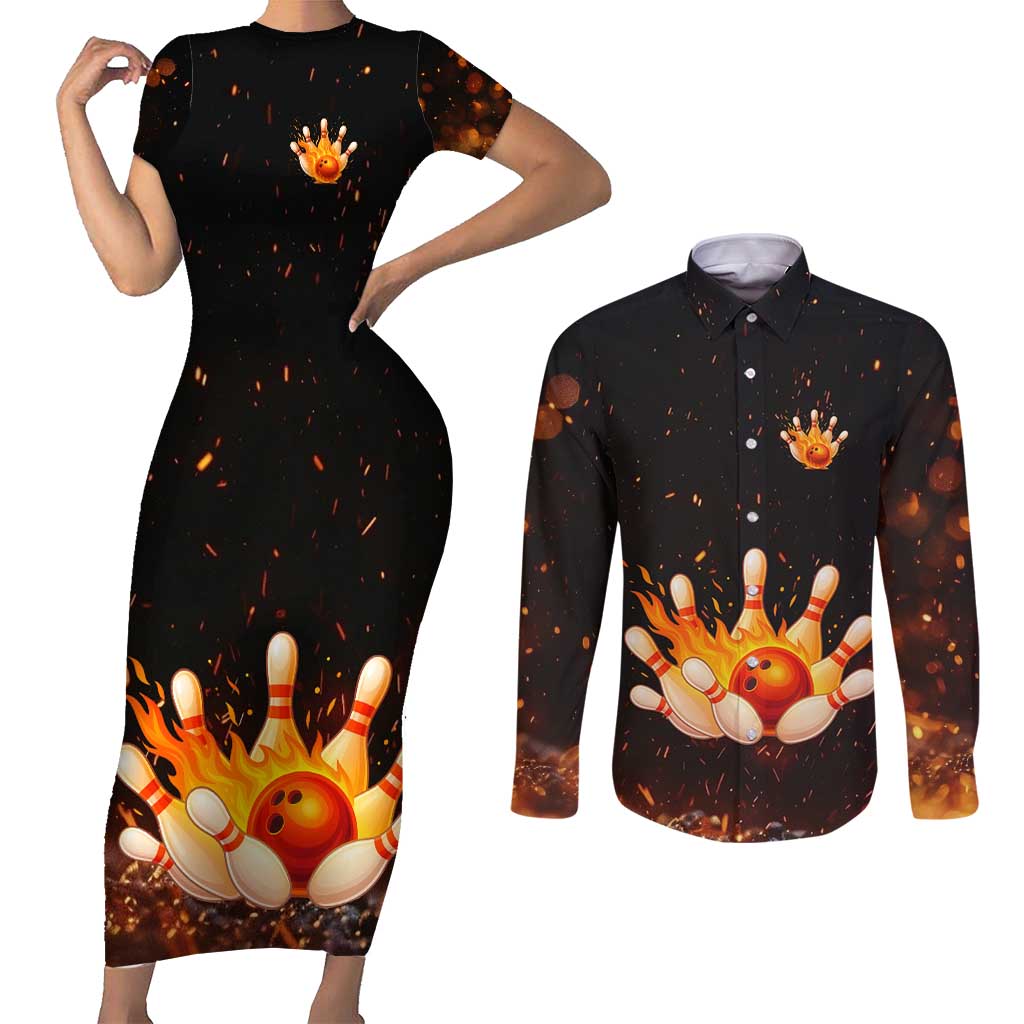 Flaming Bowling Ball Design Couples Matching Short Sleeve Bodycon Dress and Long Sleeve Button Shirt with Strike Pins and Glowing Fire Sparks on Dark Background - Wonder Print Shop