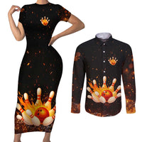Flaming Bowling Ball Design Couples Matching Short Sleeve Bodycon Dress and Long Sleeve Button Shirt with Strike Pins and Glowing Fire Sparks on Dark Background - Wonder Print Shop