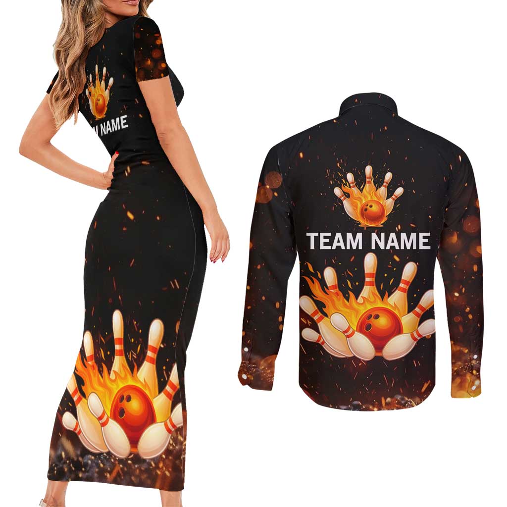 Flaming Bowling Ball Design Couples Matching Short Sleeve Bodycon Dress and Long Sleeve Button Shirt with Strike Pins and Glowing Fire Sparks on Dark Background - Wonder Print Shop