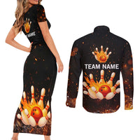 Flaming Bowling Ball Design Couples Matching Short Sleeve Bodycon Dress and Long Sleeve Button Shirt with Strike Pins and Glowing Fire Sparks on Dark Background - Wonder Print Shop
