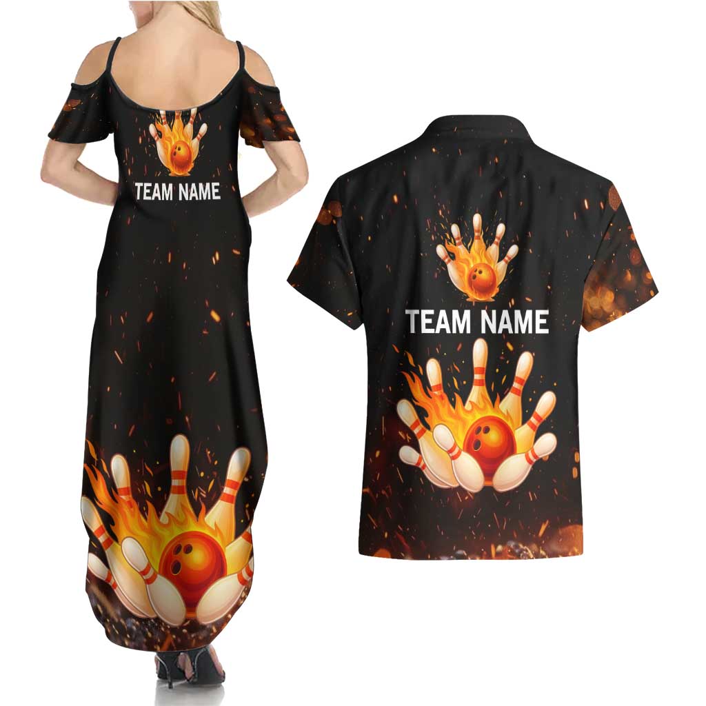 Flaming Bowling Ball Design Couples Matching Summer Maxi Dress and Hawaiian Shirt with Strike Pins and Glowing Fire Sparks on Dark Background - Wonder Print Shop