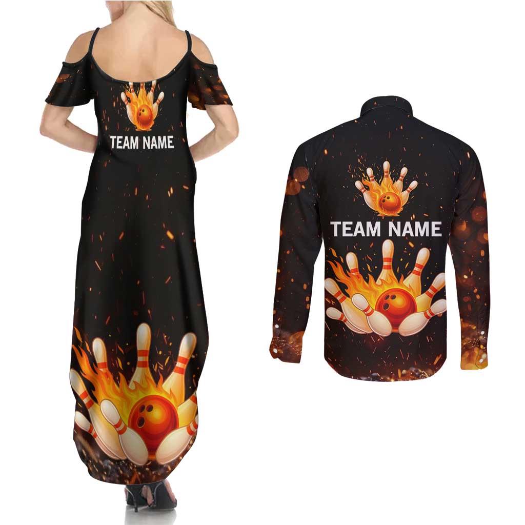 Flaming Bowling Ball Design Couples Matching Summer Maxi Dress and Long Sleeve Button Shirt with Strike Pins and Glowing Fire Sparks on Dark Background - Wonder Print Shop