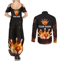 Flaming Bowling Ball Design Couples Matching Summer Maxi Dress and Long Sleeve Button Shirt with Strike Pins and Glowing Fire Sparks on Dark Background - Wonder Print Shop