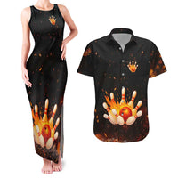 Flaming Bowling Ball Design Couples Matching Tank Maxi Dress and Hawaiian Shirt with Strike Pins and Glowing Fire Sparks on Dark Background - Wonder Print Shop