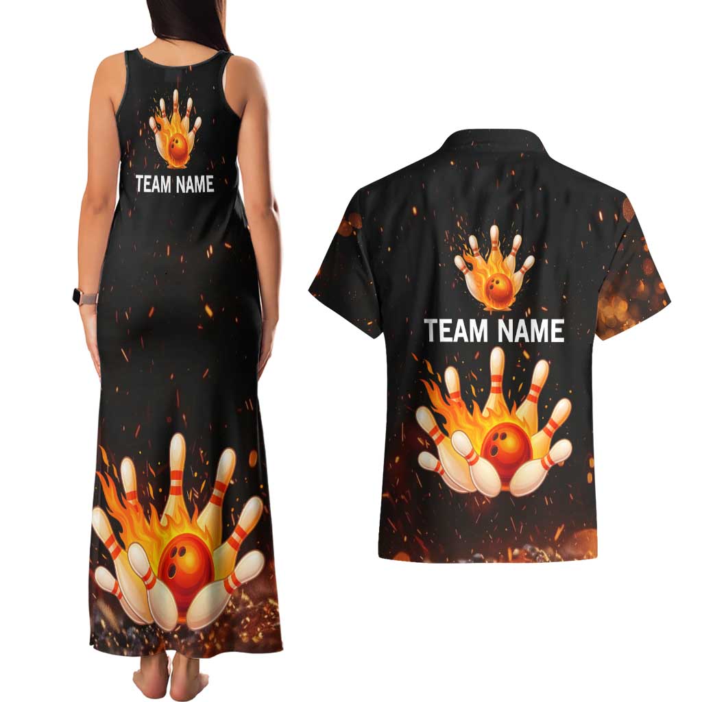 Flaming Bowling Ball Design Couples Matching Tank Maxi Dress and Hawaiian Shirt with Strike Pins and Glowing Fire Sparks on Dark Background - Wonder Print Shop