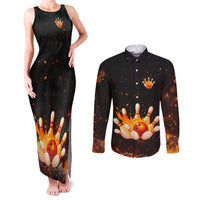Flaming Bowling Ball Design Couples Matching Tank Maxi Dress and Long Sleeve Button Shirt with Strike Pins and Glowing Fire Sparks on Dark Background - Wonder Print Shop