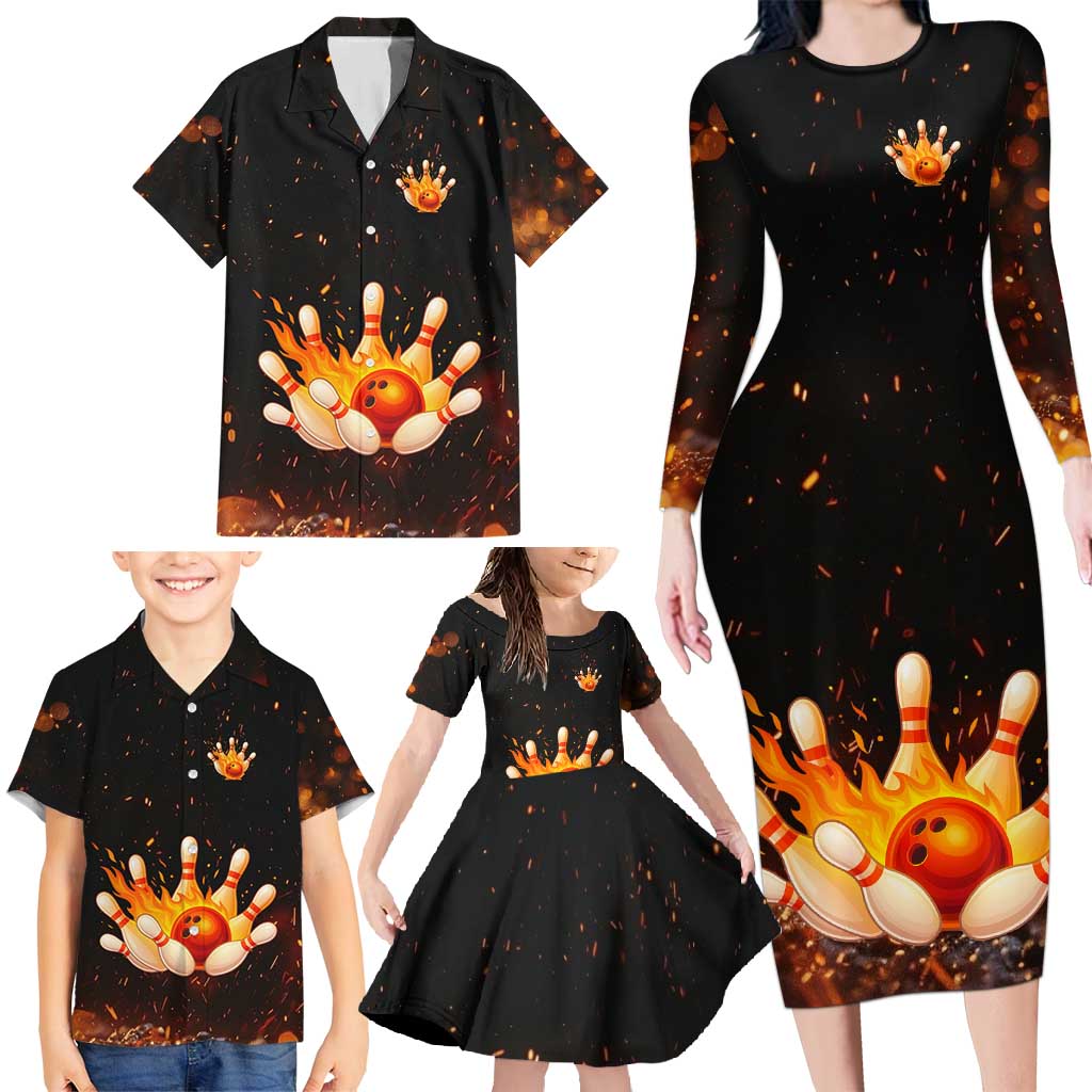 Flaming Bowling Ball Design Family Matching Long Sleeve Bodycon Dress and Hawaiian Shirt with Strike Pins and Glowing Fire Sparks on Dark Background - Wonder Print Shop