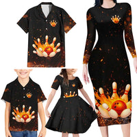 Flaming Bowling Ball Design Family Matching Long Sleeve Bodycon Dress and Hawaiian Shirt with Strike Pins and Glowing Fire Sparks on Dark Background - Wonder Print Shop