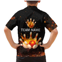 Flaming Bowling Ball Design Family Matching Mermaid Dress and Hawaiian Shirt with Strike Pins and Glowing Fire Sparks on Dark Background - Wonder Print Shop