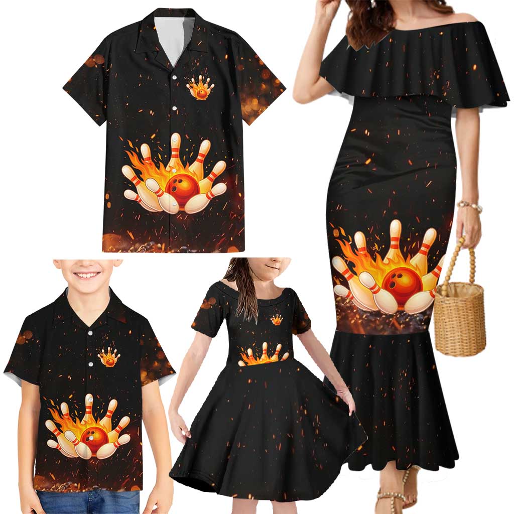 Flaming Bowling Ball Design Family Matching Mermaid Dress and Hawaiian Shirt with Strike Pins and Glowing Fire Sparks on Dark Background - Wonder Print Shop
