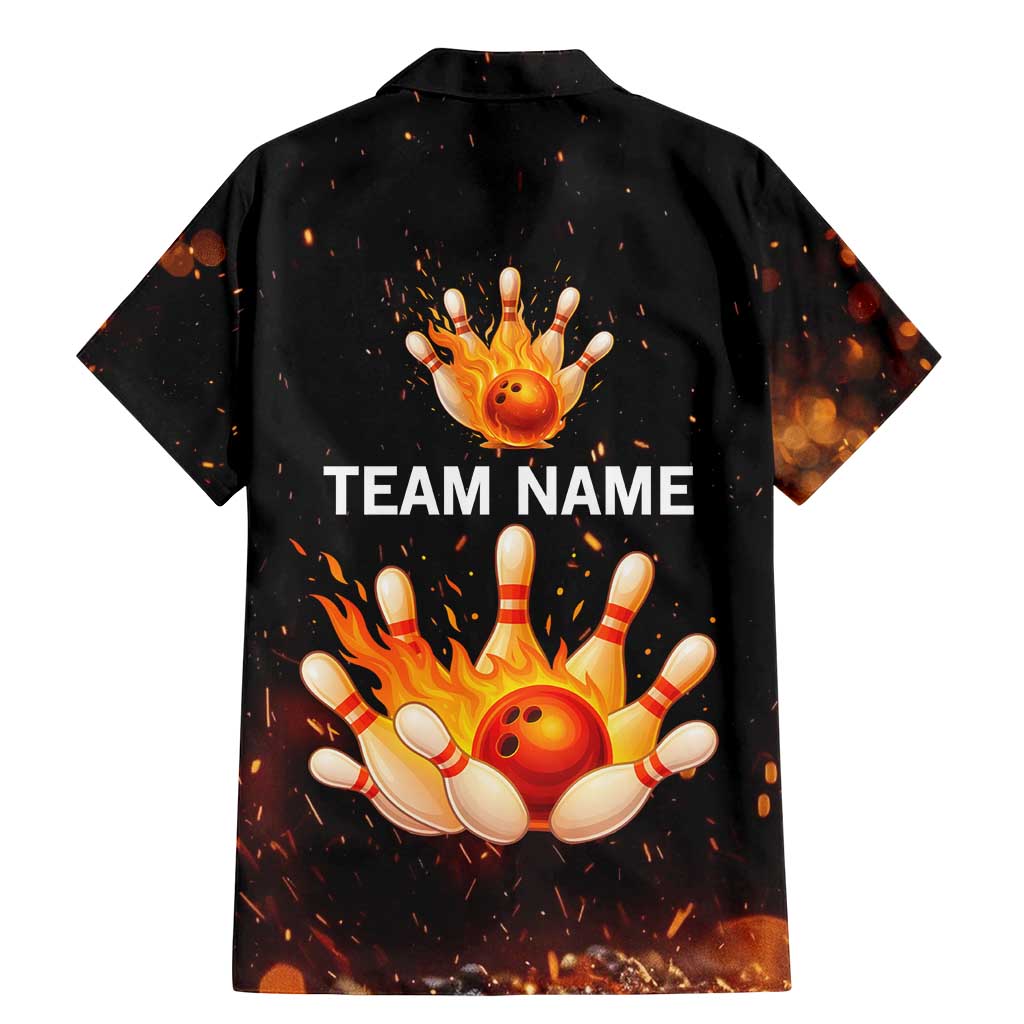 Flaming Bowling Ball Design Family Matching Mermaid Dress and Hawaiian Shirt with Strike Pins and Glowing Fire Sparks on Dark Background - Wonder Print Shop