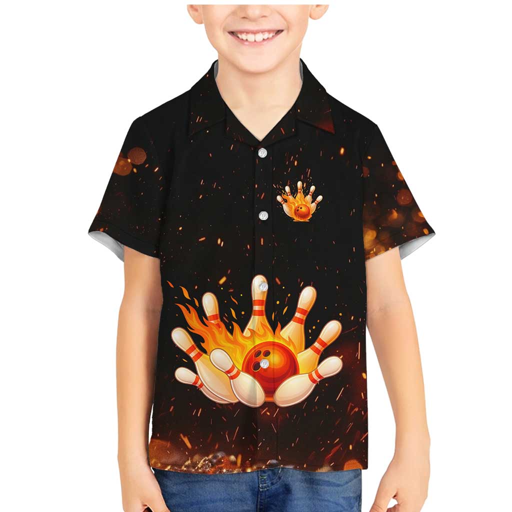 Flaming Bowling Ball Design Family Matching Mermaid Dress and Hawaiian Shirt with Strike Pins and Glowing Fire Sparks on Dark Background - Wonder Print Shop