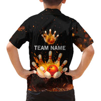 Flaming Bowling Ball Design Family Matching Off The Shoulder Long Sleeve Dress and Hawaiian Shirt with Strike Pins and Glowing Fire Sparks on Dark Background - Wonder Print Shop