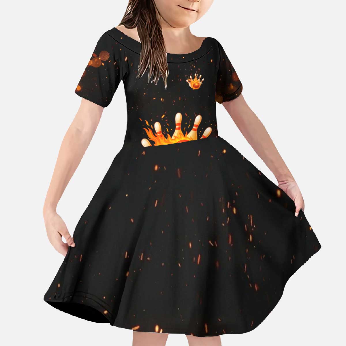 Flaming Bowling Ball Design Family Matching Off The Shoulder Long Sleeve Dress and Hawaiian Shirt with Strike Pins and Glowing Fire Sparks on Dark Background - Wonder Print Shop
