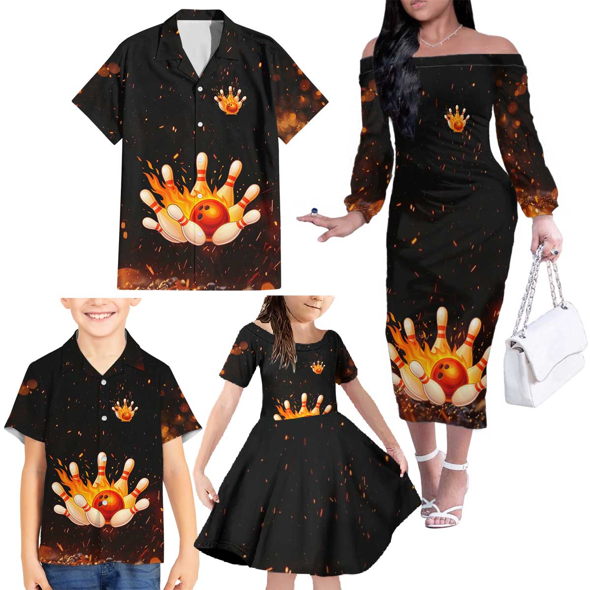 Flaming Bowling Ball Design Family Matching Off The Shoulder Long Sleeve Dress and Hawaiian Shirt with Strike Pins and Glowing Fire Sparks on Dark Background - Wonder Print Shop