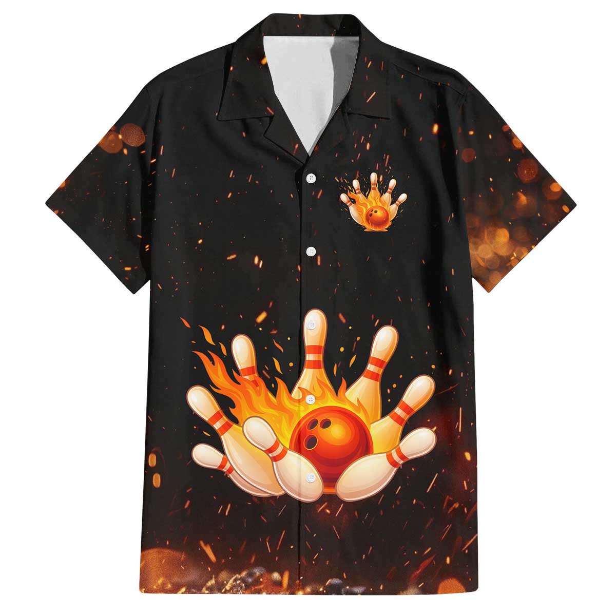 Flaming Bowling Ball Design Family Matching Off The Shoulder Long Sleeve Dress and Hawaiian Shirt with Strike Pins and Glowing Fire Sparks on Dark Background - Wonder Print Shop