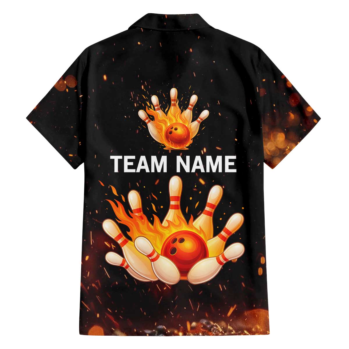 Flaming Bowling Ball Design Family Matching Off The Shoulder Long Sleeve Dress and Hawaiian Shirt with Strike Pins and Glowing Fire Sparks on Dark Background - Wonder Print Shop