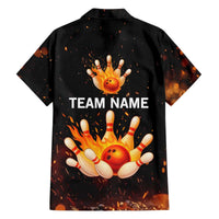 Flaming Bowling Ball Design Family Matching Off The Shoulder Long Sleeve Dress and Hawaiian Shirt with Strike Pins and Glowing Fire Sparks on Dark Background - Wonder Print Shop