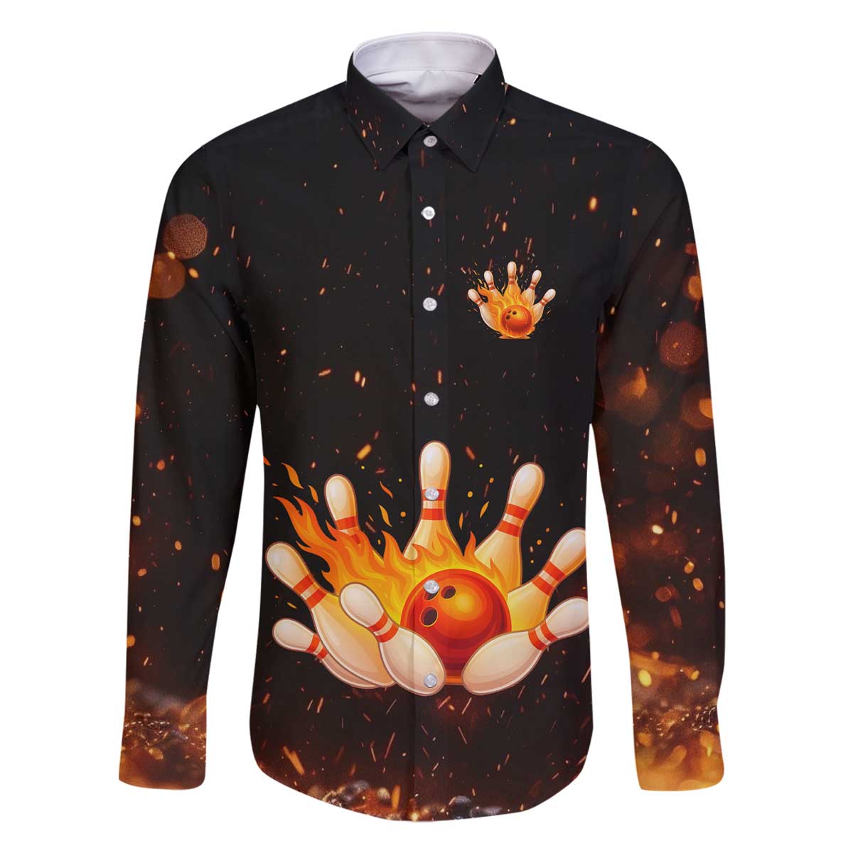 Flaming Bowling Ball Design Family Matching Off The Shoulder Long Sleeve Dress and Hawaiian Shirt with Strike Pins and Glowing Fire Sparks on Dark Background - Wonder Print Shop