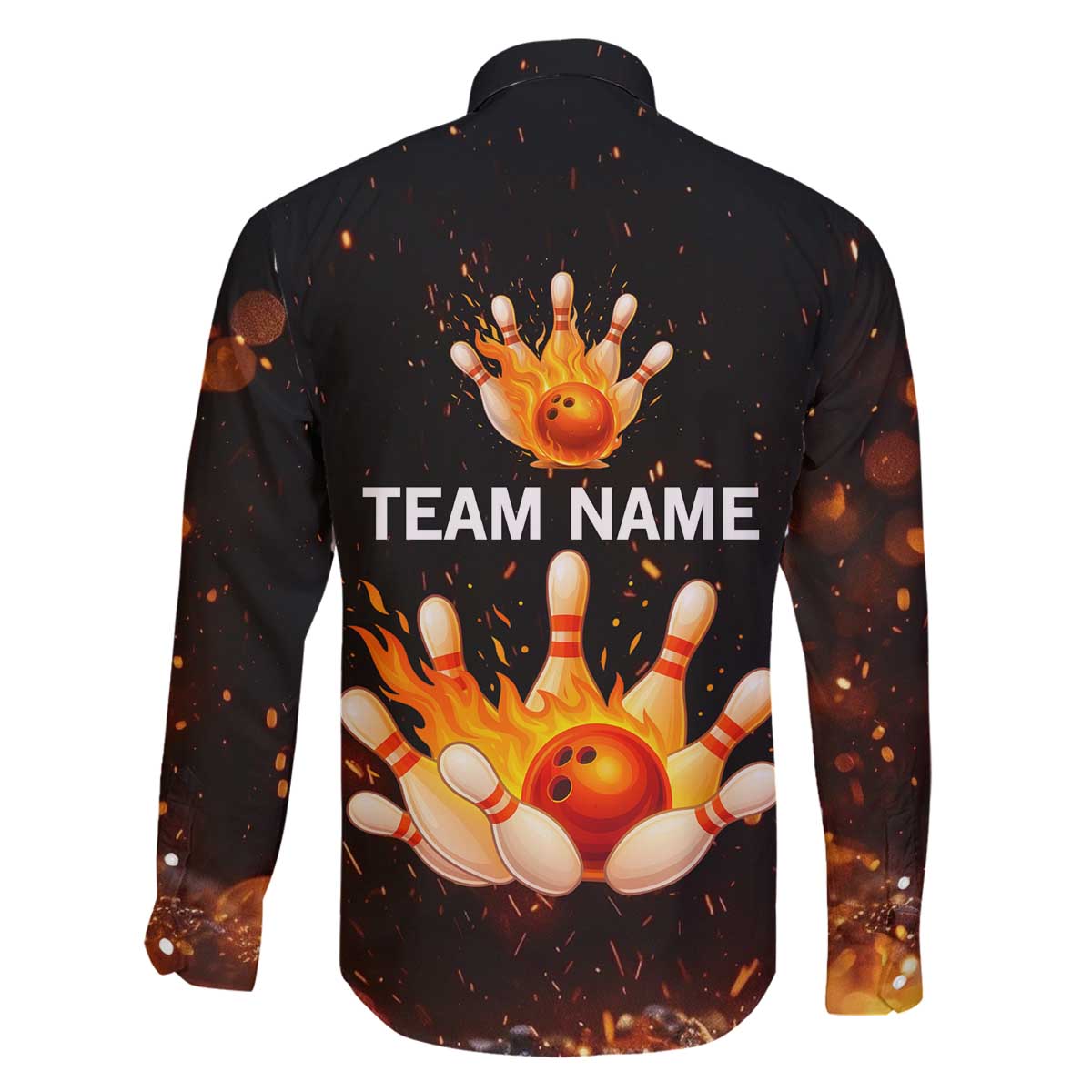 Flaming Bowling Ball Design Family Matching Off The Shoulder Long Sleeve Dress and Hawaiian Shirt with Strike Pins and Glowing Fire Sparks on Dark Background - Wonder Print Shop