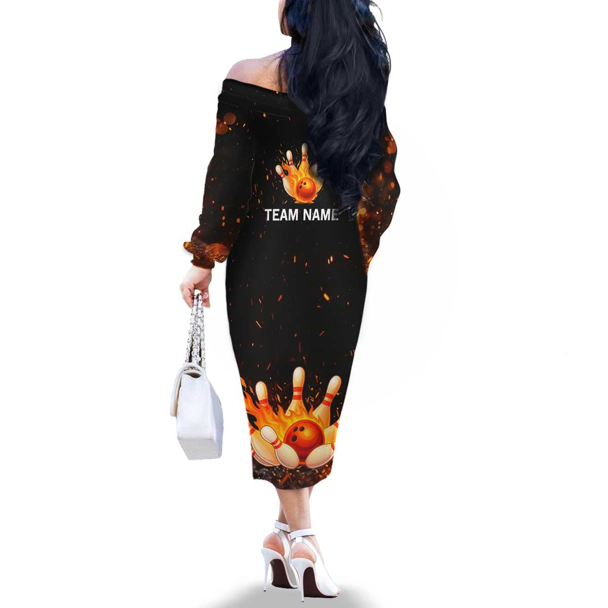 Flaming Bowling Ball Design Family Matching Off The Shoulder Long Sleeve Dress and Hawaiian Shirt with Strike Pins and Glowing Fire Sparks on Dark Background - Wonder Print Shop