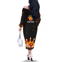 Flaming Bowling Ball Design Family Matching Off The Shoulder Long Sleeve Dress and Hawaiian Shirt with Strike Pins and Glowing Fire Sparks on Dark Background - Wonder Print Shop