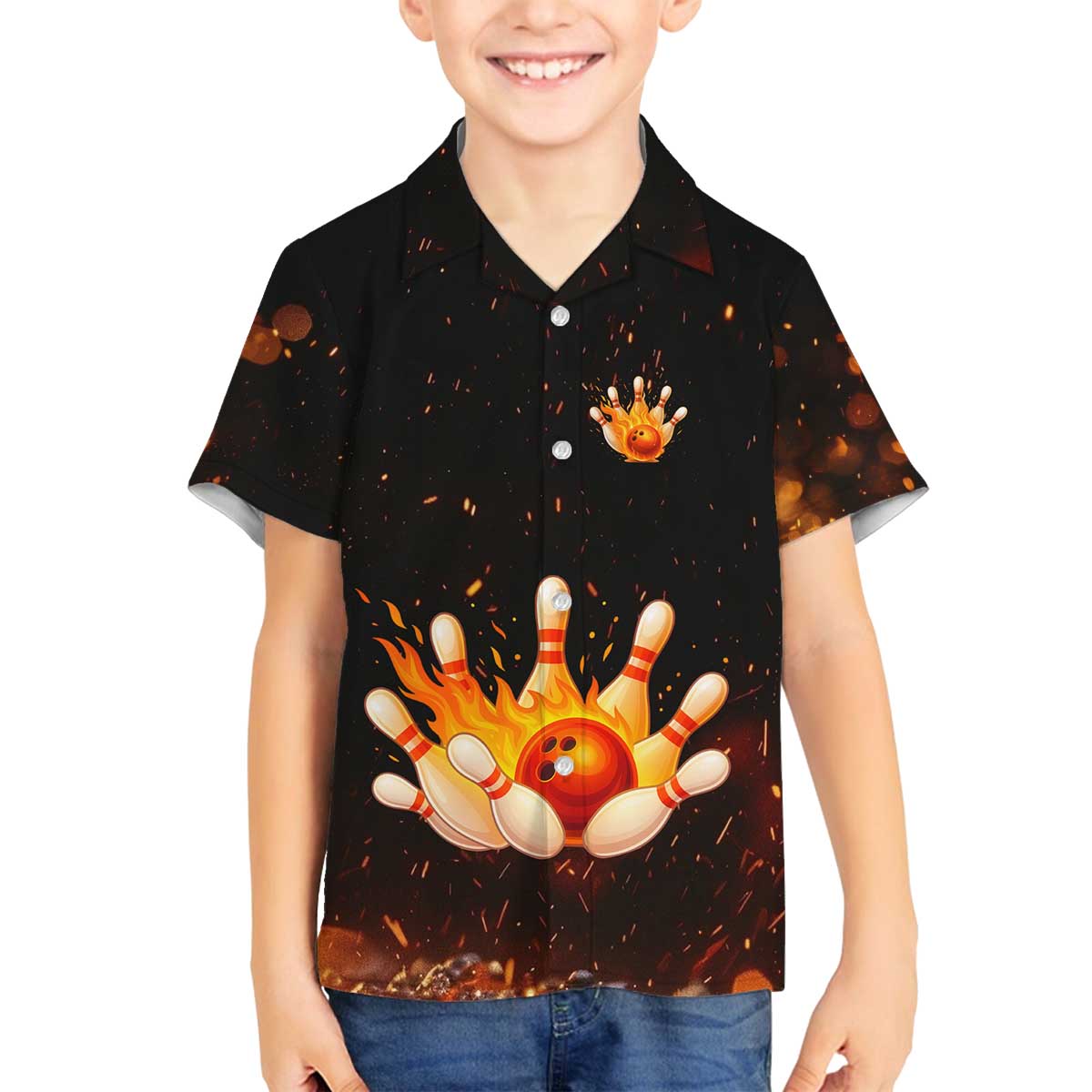 Flaming Bowling Ball Design Family Matching Off The Shoulder Long Sleeve Dress and Hawaiian Shirt with Strike Pins and Glowing Fire Sparks on Dark Background - Wonder Print Shop