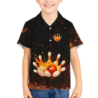 Flaming Bowling Ball Design Family Matching Off The Shoulder Long Sleeve Dress and Hawaiian Shirt with Strike Pins and Glowing Fire Sparks on Dark Background - Wonder Print Shop