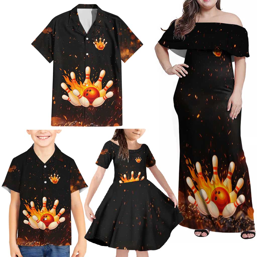 Flaming Bowling Ball Design Family Matching Off Shoulder Maxi Dress and Hawaiian Shirt with Strike Pins and Glowing Fire Sparks on Dark Background - Wonder Print Shop