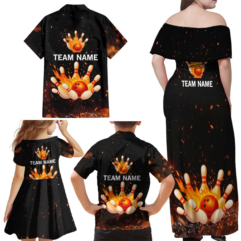 Flaming Bowling Ball Design Family Matching Off Shoulder Maxi Dress and Hawaiian Shirt with Strike Pins and Glowing Fire Sparks on Dark Background - Wonder Print Shop