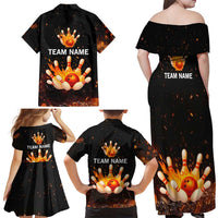Flaming Bowling Ball Design Family Matching Off Shoulder Maxi Dress and Hawaiian Shirt with Strike Pins and Glowing Fire Sparks on Dark Background - Wonder Print Shop