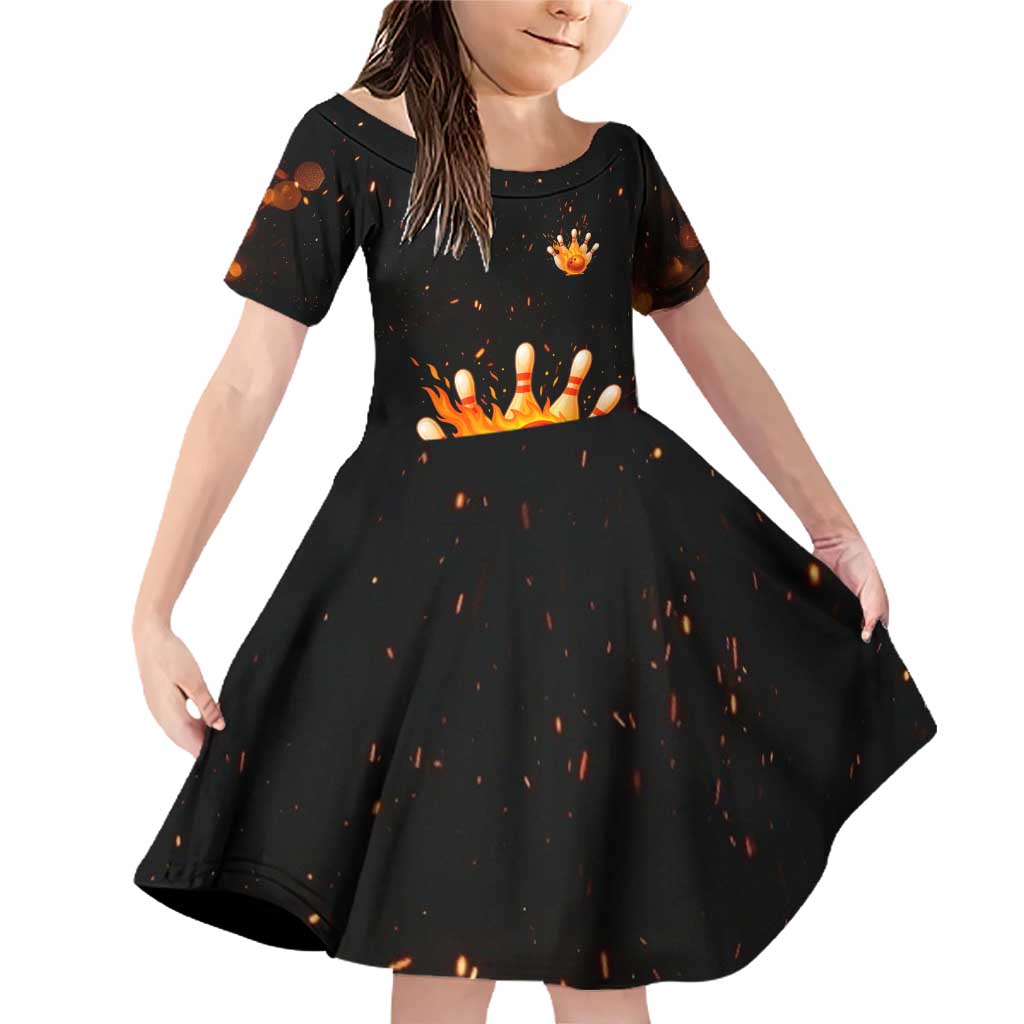 Flaming Bowling Ball Design Family Matching Off Shoulder Short Dress and Hawaiian Shirt with Strike Pins and Glowing Fire Sparks on Dark Background - Wonder Print Shop