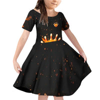Flaming Bowling Ball Design Family Matching Off Shoulder Short Dress and Hawaiian Shirt with Strike Pins and Glowing Fire Sparks on Dark Background - Wonder Print Shop