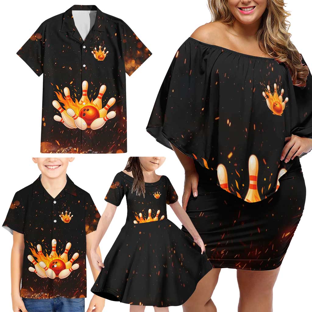 Flaming Bowling Ball Design Family Matching Off Shoulder Short Dress and Hawaiian Shirt with Strike Pins and Glowing Fire Sparks on Dark Background - Wonder Print Shop